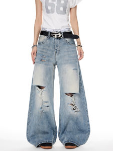 SREK American Retro Hole Distressed Denim Jeans Womens High Street Loose Straight Wide Leg Long Pants Casual Style Low Waist
