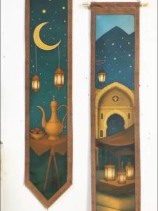 Islamic Ramadan Wall Banner Moon Lantern Mosque Tapestry for Eid Mubarak Kareem Muslim Festival Home Decor Hanging Ornament Gift