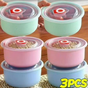3Pcs/Set Kitchen Refrigerator Wheat Straw Fresh-Keeping Box Food Storage Containers with Lid Portable Camping Picnic Fruits Vegetables Storage Bowl