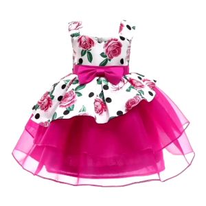 DRESS PESTA ANAK IMPORT MURAH DRESS IMLEK NATAL FLORAL ROSE FUSIA SATIN TUTU