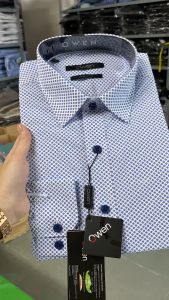 OWEN SALE - Áo Sơ Mi Owen Tay Dài Màu Xanh - Trắng Họa Tiết Chấm Bi Form Regular Fit Lai Bầu Chính Hãng
