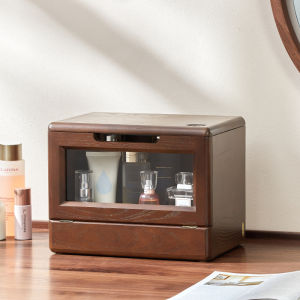 กล่องเก็บเครื่องสำอางไม้ทรงสี่เหลี่ยม สไตล์วินเทจ ด้านบนมีกระจก เครื่องสำอางแต่งหน้า ครีมบำรุงผิว ตั้งบนโต๊ะ เรียบเรียบ ป้องกันฝุ่น