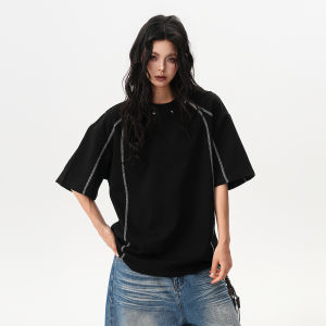 BWKA | Stitch Detailing Rivet Decoration Loose Summer T-Shirt