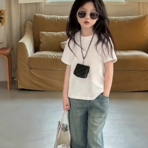 Summer Pure Cotton Childrens T-shirt Bottoming Shirt Size Childrens white Short-sleeved Top