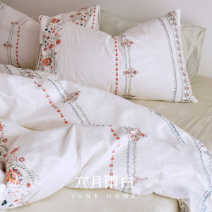 June Rain White Pure Cotton Sateen 4-Piece Bedding Set Quilt Cover Sheet Duvet Cover All Seasons Bed Linens Ins Style Warmth Storage