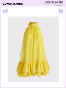 Summer New Pure Color Back Tie Shoulder Bared Sleeveless Vest Dress Womens Flounce Hemline High Waist A-Line Skirt Style