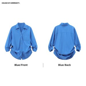 JNXS | Solid Color Pleated High-Waisted V-Neck Short-Sleeve Loose Thin Blouse Women