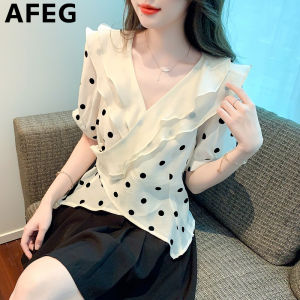 AFEG new Korean version V-neck flound-edged fashion loose and eclectic temperament polka dot fwool short-sleeved blouse
