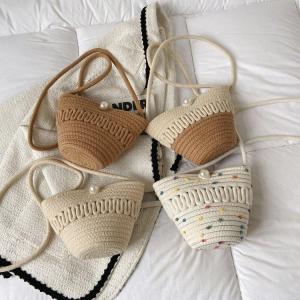 Summer Womens Bucket Beach Bag Pearl Fashion Mini Crossbody Shoulder Bag Trendy Hollow out Straw Weaving Small Bag