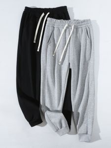 กางเกงวอร์มลำลองผู้ชายหนาป้องกันลม กางเกงวอร์มลำลองผ้าขนแกะหนาป้องกันลมฤดูใบไม้ร่วงและฤดูหนาว กางเกงขายาวทรงตรงสีพื้นสำหรับผู้ชาย