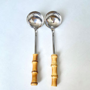 Thìa Canh Bằng Thép Không Gỉ 304 Dài Cầm Tay Bằng Tre Dùng Tại Nhà Nhà Hàng Nồi Súp Chống Bỏng Dụng Cụ Nhà Bếp