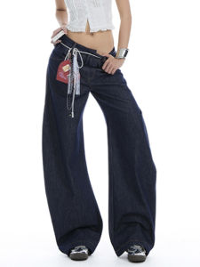 POYZ Slimming Knife Edge Wide Leg Jeans Womens Washed Versatile Design Casual Cotton Denim Natural Waist Long Pants