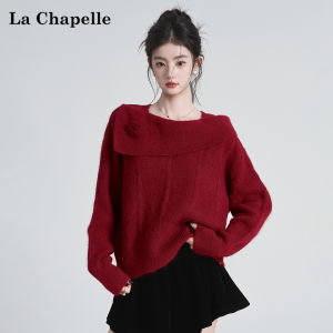 La Chapelle | Red Off-Shoulder Soft Knit Sweater With 3D Floral Design