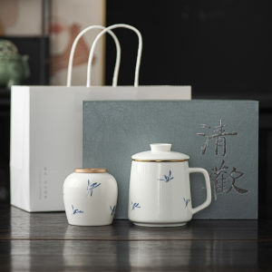 Office Use White Porcelain Tea Cup with Lid And Filter Tea Water Separation Home Use Dehua Ceramic Mark Mug Gift Box