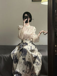 Áo Sơ Mi Cỡ Lớn Phong Cách Retro Cao Cấp Áo Trên Cùng Thiết Kế Mùa Thu Quần Váy Đuôi Ngựa Hàng Ngày Mùa Thu Mới Trung Quốc Phong Cách Dân Tộc Bộ Đồ Hai Mảnh