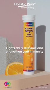 Holistic Way Vitamin C 1000mg + Zinc Effervescent – Supports Immunity Antioxidant Protection & Daily Stress Defence — Halal | Vegetarian | Orange Flavour (20 Tablets per box)