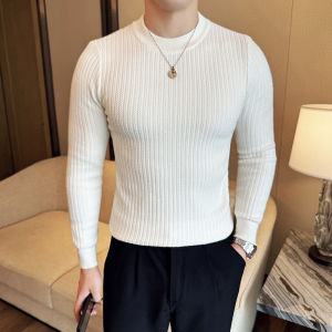 เสื้อสเวตเตอร์คอปกกลมสำหรับผู้ชาย ลายทาง อบอุ่น ฤดูใบไม้ร่วง/ฤดูหนาว เสื้อชั้นใน ลำลอง สไตล์เกาหลี เสื้อถัก