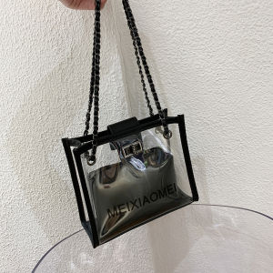 Trendy Korean Versatile Single Shoulder Bag Womens Fashion Transparent Chain Crossbody Bag Popular Lock Buckle PVC Material