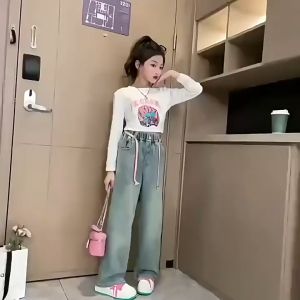 Childrens pants New Big and medium childrens denim wide-leg pants jeans childrens pants