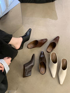 Soft Leather Mule Slippers Womens Head Cover Half Slippers Fashionable Outdoor Wear Thick Heel Lazy Persons Slip-On Shoes