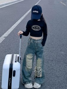 Quần Jeans Denim Nữ Trẻ Phong Cách Mùa Thu Quần Ống Rộng Rách Thời Trang Quần Dài Thẳng Cho Bé Gái Quần Áo Trẻ Em
