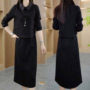 Fashionable A-Line Dress Set Womens Long Sleeve Black Top Vest Dress Autumn New Style Commute Korean Style High Waist Polyester