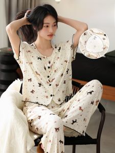 MiiOW | Bộ đồ ngủ lụa băng mùa hè cho nữ MiiOW Áo chui đầu tay ngắn Quần dài rộng rãi Áo chui đầu cổ tròn in họa tiết hoạt hình