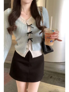 plus Size Knitted Short V-Neck Sweater Women Winter Pure Desire Butterfly Knot Bottom Shirt Korean Style Slim Fit Long Sleeve