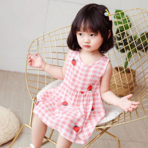 LS โชว์แบบเกาหลีของเด็กผู้หญิงเดรสระบายอากาศได้ดีลายการ์ตูนสำหรับเด็กผู้หญิงตัวเล็กลายสตรอเบอร์รี่ผ้าไหมคอตตอนกระโปรงยาวลายสก็อตเดรสเจ้าหญิงทรงหลวมลำลอง