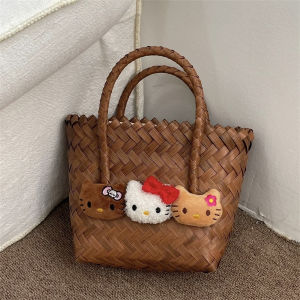 Summer Cartoon Cat Portable Handbag Womens New 2025 Wickerlike Weaving Outdoors Carryall Small Bag Fresh Sweet Style