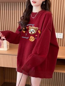 เสื้อสเวตเตอร์คอปกกลมสีแดง เสื้อถักนิตติ้งสไตล์ลำลอง ขนาดใหญ่ แฟชั่นฤดูใบไม้ร่วง/ฤดูหนาว เสื้อผ้าทำงานผู้หญิง โพลีเอสเตอร์ผสม