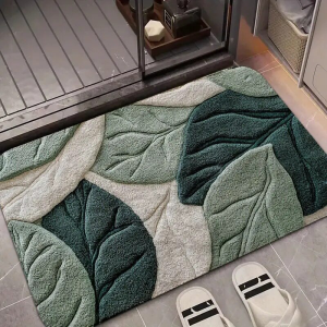 VIKAMA Textured 3D Green Leaf Bathroom Mat Soft Fluffy Anti Slip Absorbent Doormat For Shower Entry Tropical Minimalist Decor