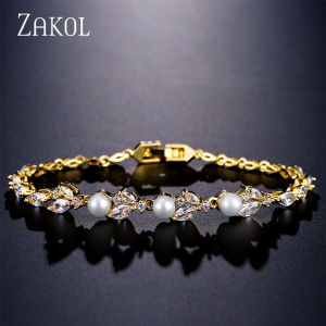 ZAKOL Exquisite Marquise Zircon Leaves Pearl Bracelet For Women High Quality Luxury Wedding Jewelry
