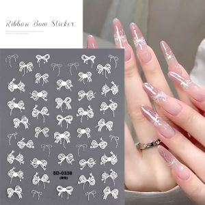 1Pcs 5D White Pearl Lace Bowknot Nail Art Stickers Kawaii Ribbon/Bow Self-Adhesive Decals Manicure Elegant Exquisite Decorations