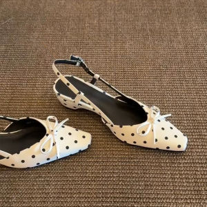 FANGXI | Goat Leather French Polka Dot Bow Ankle Strap Block Heel Shoe