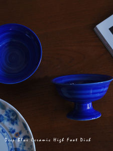 Nordic Style Miniature Deep Blue Brushed Ceramic High Footed Bowl Dim Sum Plate Small Fruit Salad Dry Fruits Dish