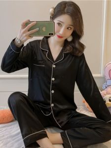 ชุดนอนผ้าไหมน้ำแข็งแขนยาวสีดำหรูหราสำหรับผู้หญิงในฤดูใบไม้ผลิและฤดูใบไม้ร่วง ชุดนอนผ้าไหมน้ำแข็งบางๆ สุดหรูหราสำหรับสวมใส่ในบ้าน