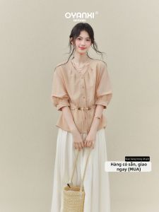 OUYANGXI | Áo Sơ Mi Vòng eo Nơ Ống T Tay 7/8 Màu Hồng