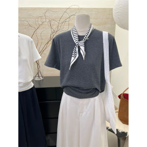 Korean Style Short Sleeve T-Shirt Womens Shoulder Silk Tie Brushed Cotton Base Shirt Top Unique Exquisite Commute Fashion