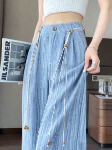 กางเกงขายาวทรงหลวมเอวสูงผ้าลินินลายผูกโบว์สีน้ำเงินสำหรับผู้หญิงในช่วงฤดูร้อน กางเกงขายาวทรงตรงบาง ผ้าไหมน้ำแข็ง กางเกงขายาวทรงสูท