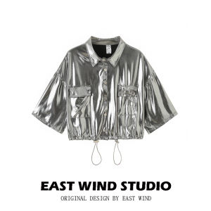 East Wind Silver Short-Sleeved Work Shirt for Women Street Style Loose Fit Slimming Effect Polyester Fiber Material