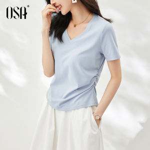 Osa Womens V-neck Short-sleeved T-shirt Cotton Summer New Style Inner Wear Shoulder-length White T-shirt Straight Cut OL Style