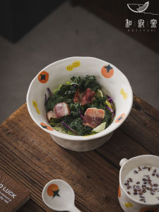 Creative Hand-Painted Cartoon Soup Bowl Good Things Happen Deep Dish Ceramic Bowl Ins Atmosphere Home Use Cute Handmade Bowl