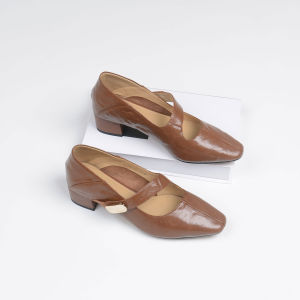 Seasonal Genuine Leather Beige Square Headed Mid-height Chunky Heeled Mary Jane Shoe