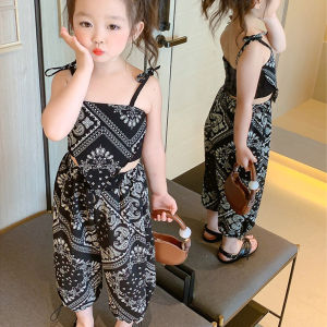 ชุดกางเกงสองชิ้นครอป + เสื้อสายเดี่ยวผ้าพิมพ์ลายดอกไม้งดงามชุดเสื้อแขนกุดเด็กผู้หญิง1-8Years