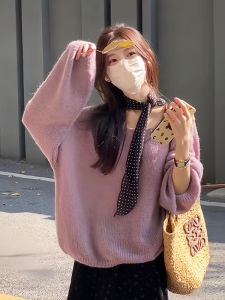 Korean Style Soft Cozy round Neck Long Sleeve Knitted Sweater Womens Early Autumn New Pure Color Simple Versatile Loose Top