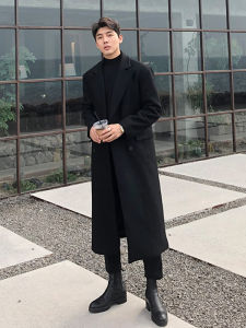 เสื้อโค้ทขนสัตว์หนาสำหรับผู้ชาย ฤดูใบไม้ร่วง/ฤดูหนาว ยาวถึงเข่า ดีไซน์เกาหลี ดีเทลกระดุมคู่ เสื้อคลุมกันหนาวแบบสวมหัว