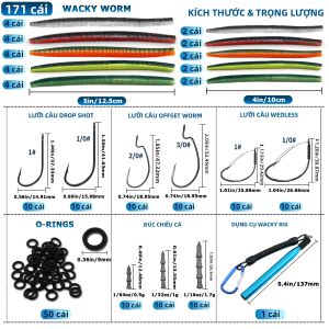 9KM DWLIFE | Bộ Mồi Câu Cá Wacky Worm 9KM Với Móc Câu Chống Vướng Cỏ Và Chì Chìm - Bộ 143/171 Món Dành Cho Mồi Câu Cá Bass Kèm Vòng O 4in 5in
