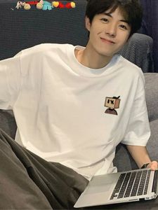 เสื้อยืดแขนสั้นผ้าฝ้ายแท้สำหรับผู้ชายเสื้อยืดแขนห้าส่วนแบบลำลองสำหรับคู่รักอินเทรนด์ไซส์ใหญ่ทรงหลวมแบรนด์ยอดนิยมสำหรับฤดูร้อน