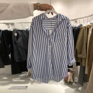 South Korea Dongdaemun Striped Shirt Womens Design Sense Niche 2023 Autumn New Western Style Shirt Student Shirt Fashion